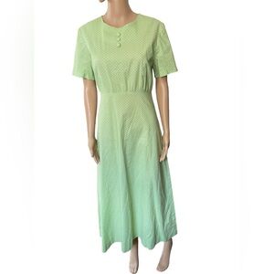 Handmade Vintage 70s Green White Geometric Modest Cottagecore Prairie Maxi Dress